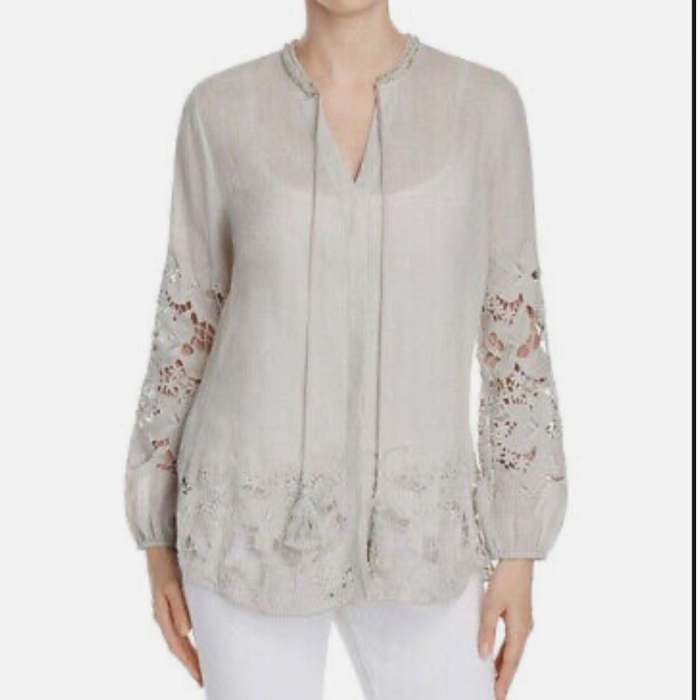 Elie Tahari Sand Long Sleeve Lydia Lace Panel Tunic Top | Size Small